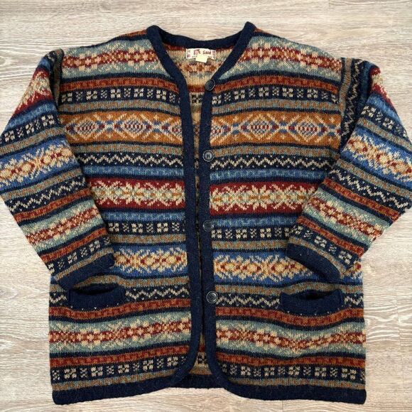 SAGA Vintage 90s Streetwear Womens Fair Isle Knit Cardigan Sweater sz L - Picture 2 of 10